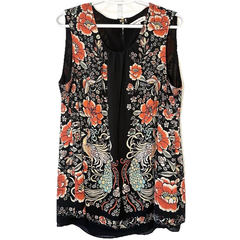 Rose + Olive 1X Peacock Floral Sleeveless Tunic Blouse Boho Black